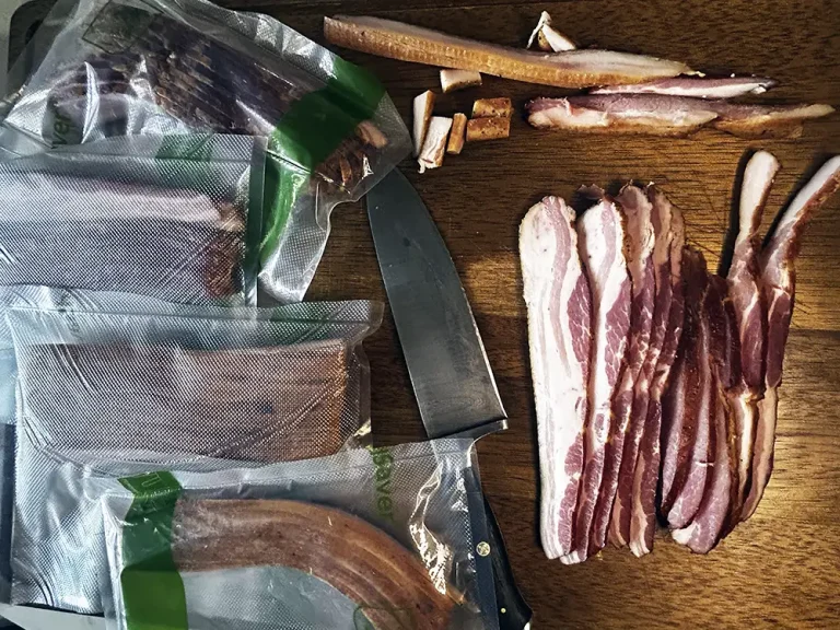 Sliced up homemade bacon