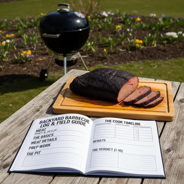 BBQ Log Book with charcoal grill in spring time
