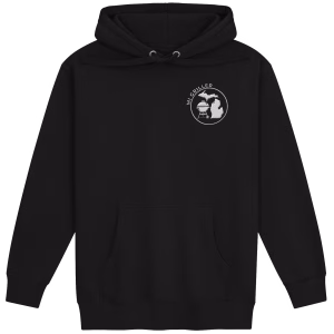 A product photograph of the black MI Griller Heavy-Duty Logo Hoodie. Centered on the left chest is the high-contrast white monochrome circle logo featuring the kettle grill and the silhouette of Michigan. The hoodie has a classic pullover design with drawstring hood and a front pouch pocket, presented against a dark background.